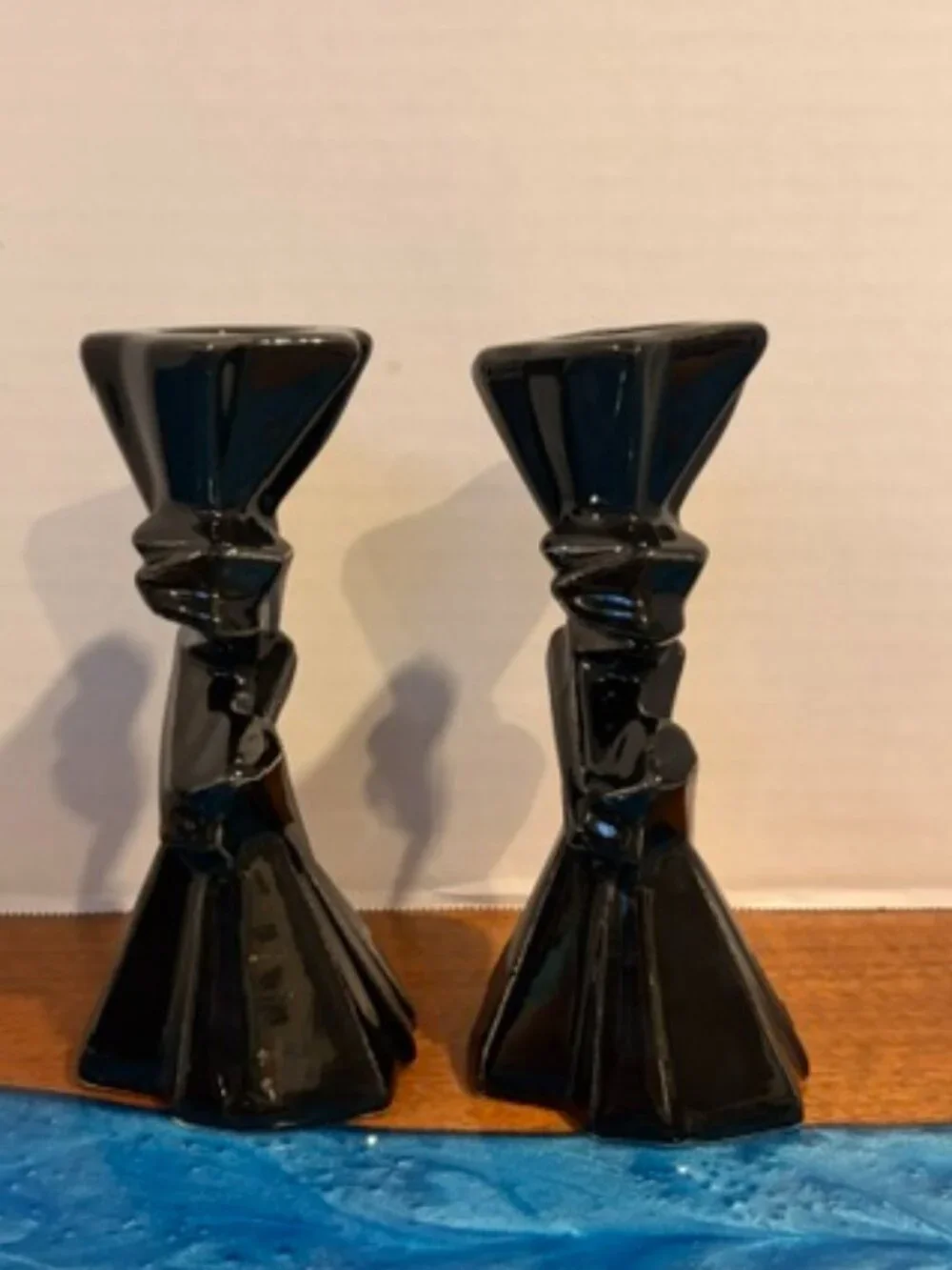 Pair of Black Art Deco Geometric Ceramic Candlestick Holders